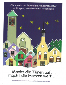 Grafik aus Nachthintergrund mit Sternen, davor einfach gezeichnete Häuser mit bunten Fenstern.