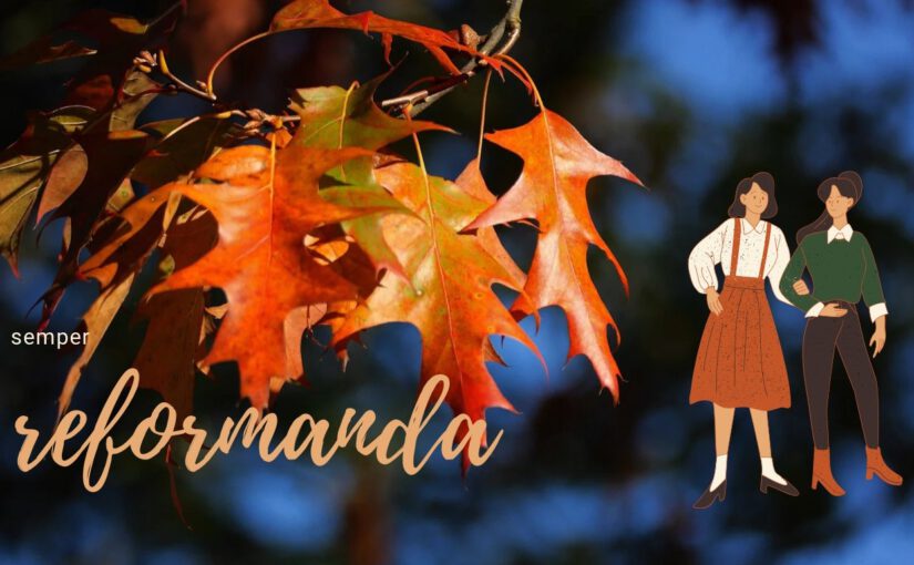 Foto einiger Herbstblätter am Baum. rechts eine Grafik: zwei Frauen, die inander unterhaken. Links steht: semper reformanda.