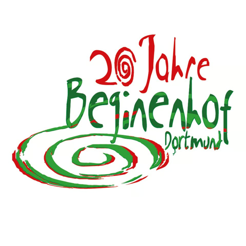 rot-grüne Spirale unten links, Schriftzug im Zentrum: 20 Jahre Beginenhof Dortmund.